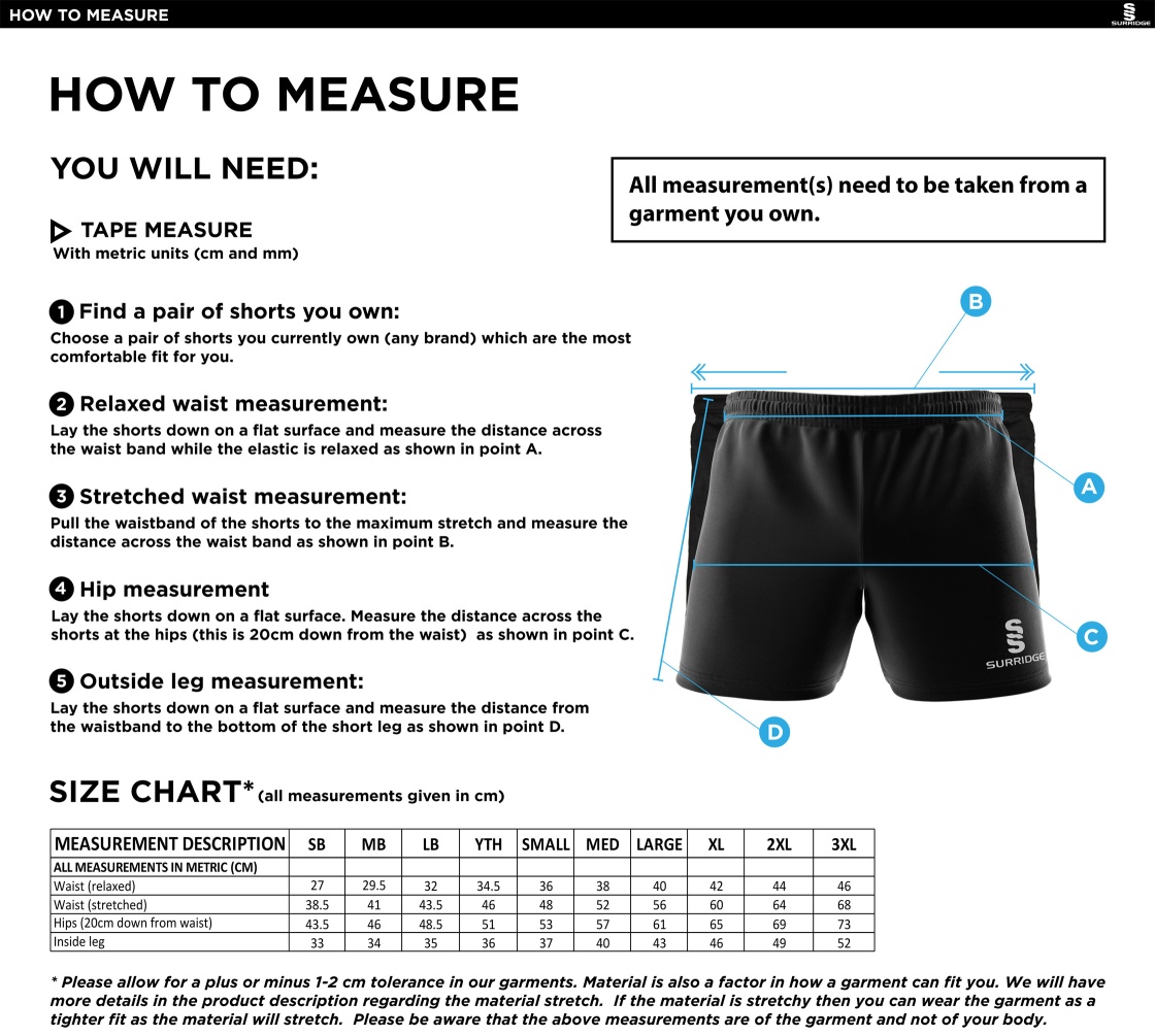 Cardiff Met Sport - Performance Gym Short - Unisex Fit - Size Guide