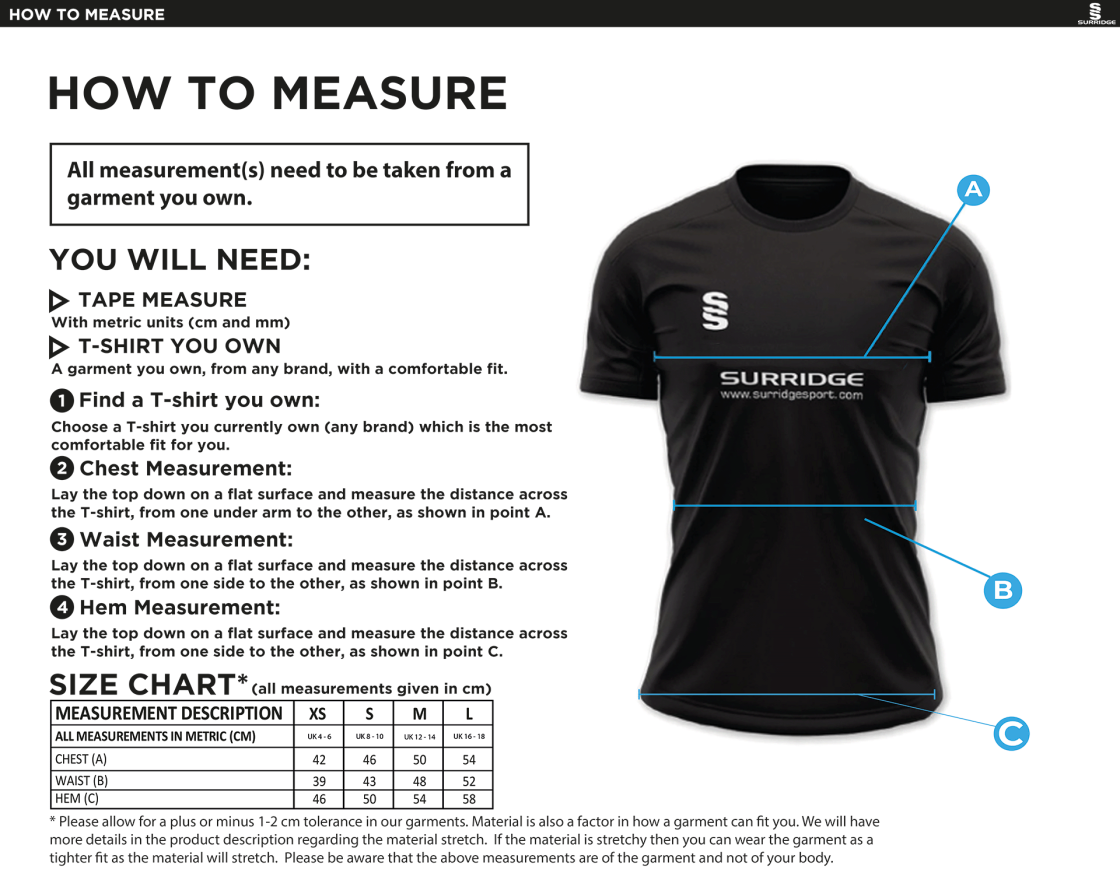 Cardiff Met Sport - Impact T-Shirt - Women's Fit - Size Guide