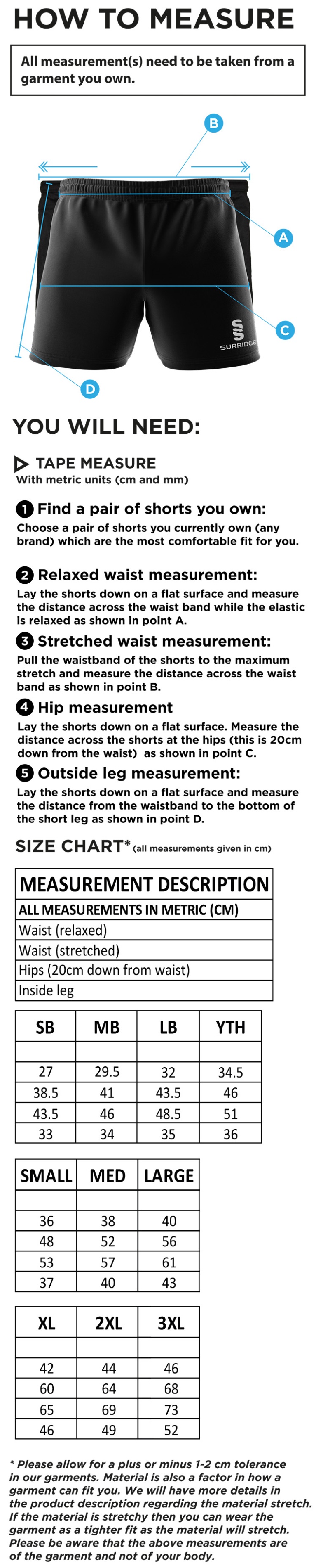 Cardiff Met Sport - Performance Gym Short - Unisex Fit - Size Guide