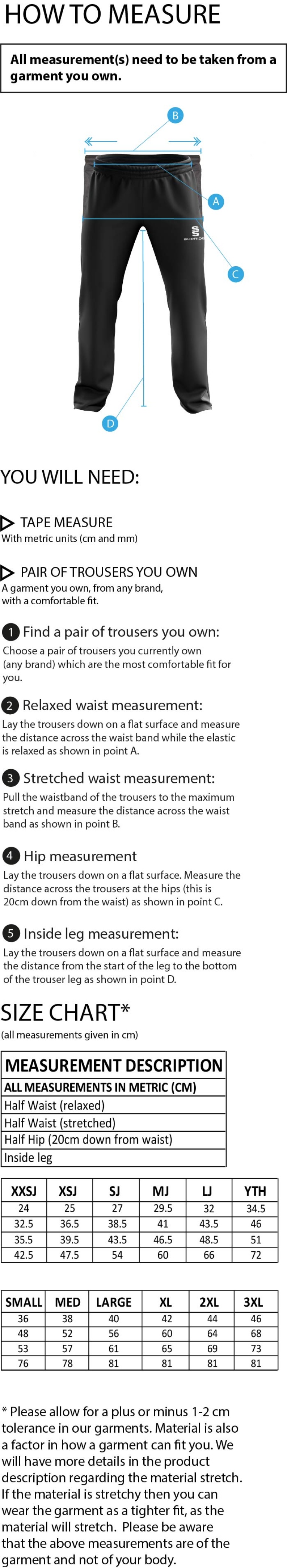 Cardiff Met Sport - Dual Poplin Track Pant With Lycra - Men's/Unisex Fit - Size Guide