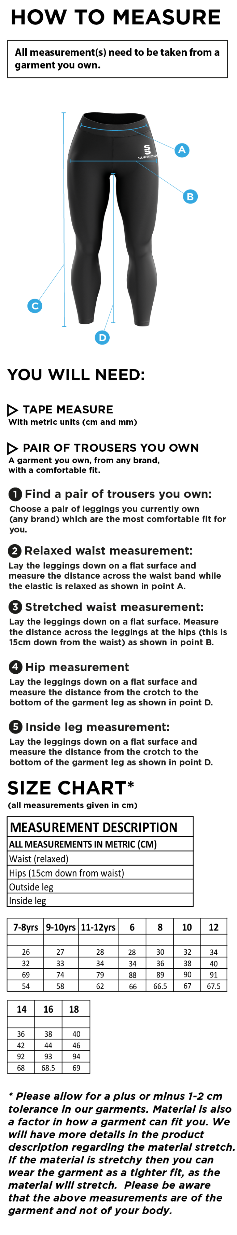 Cardiff Met Sport - Performance Full Length Leggings - Women's Fit - Size Guide