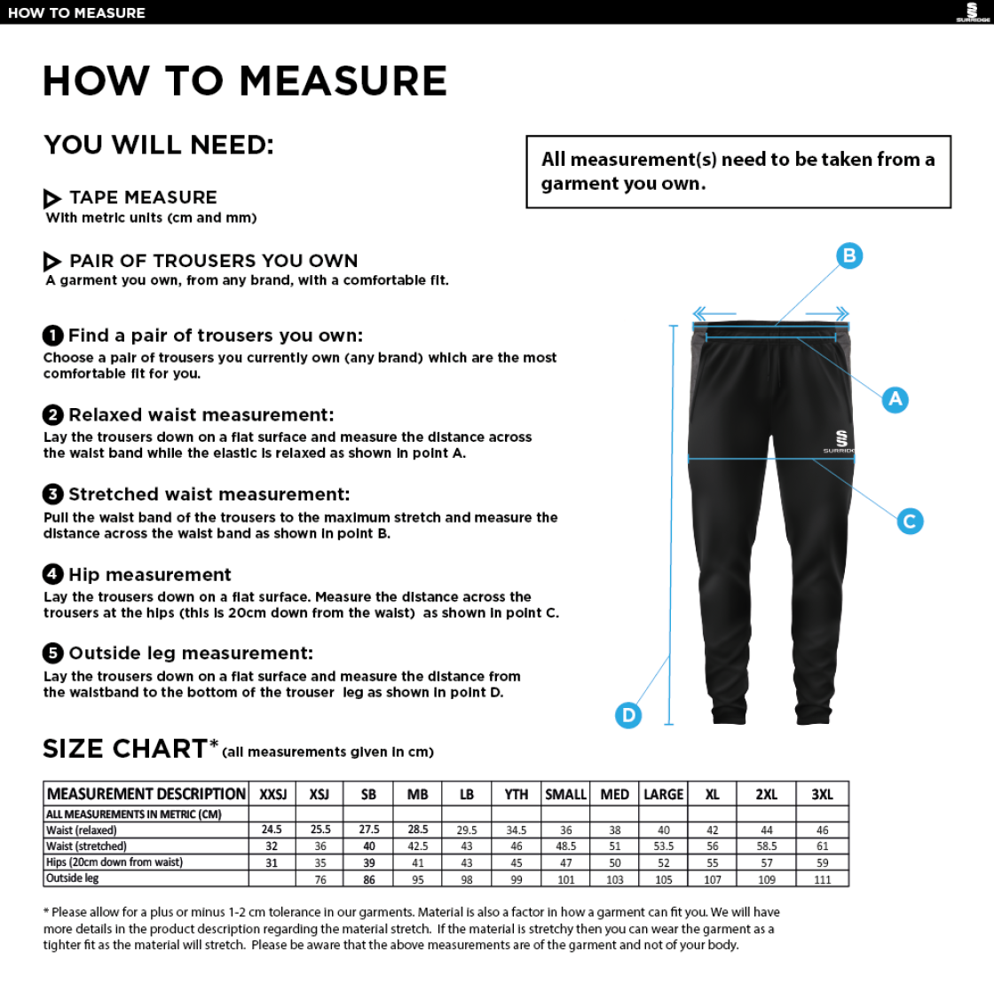 Cardiff Met Sport - Tek Slim Training Pants - Unisex Fit - Size Guide