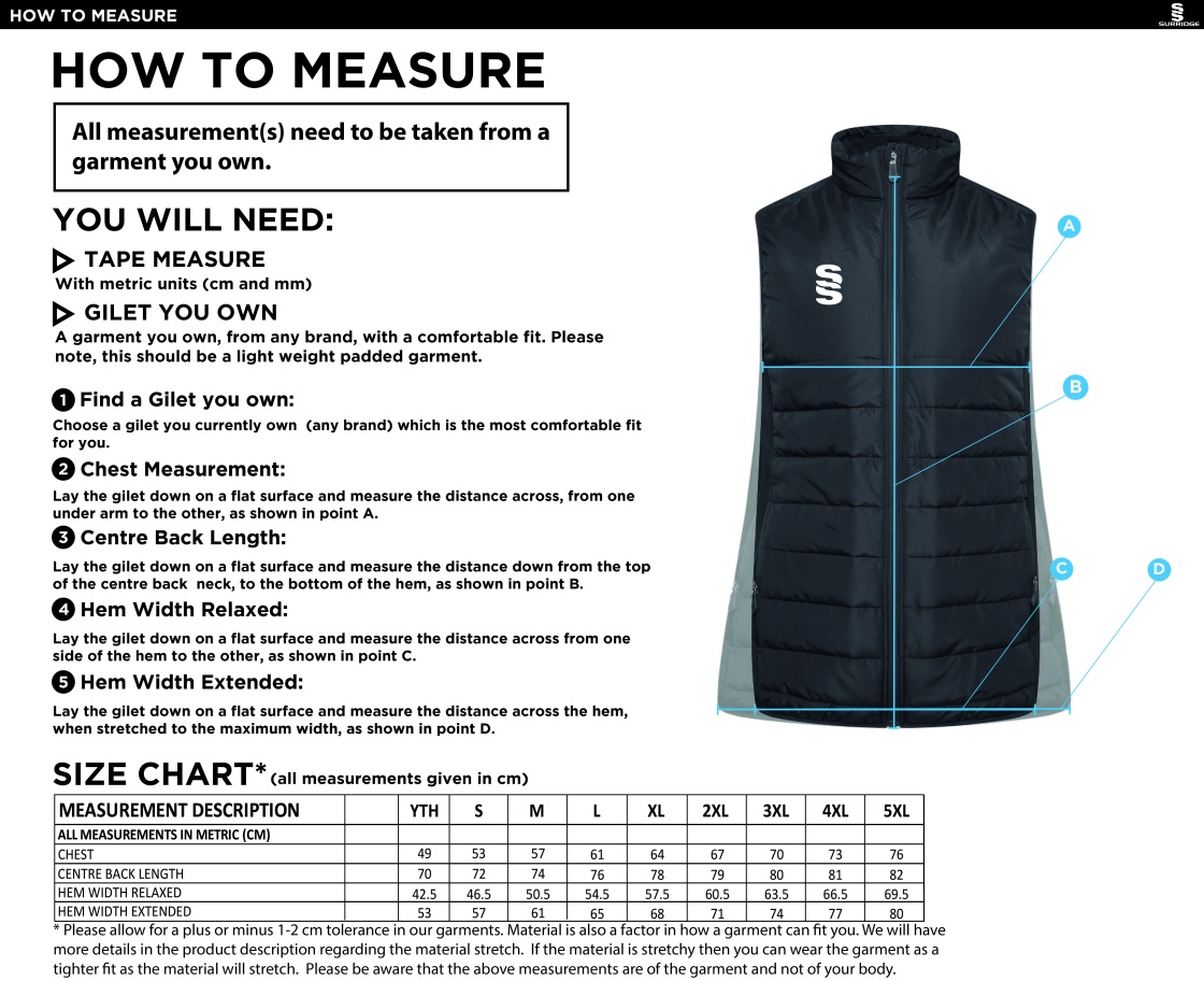 Cardiff Met Sport - Active Gilet - Unisex Fit - Size Guide