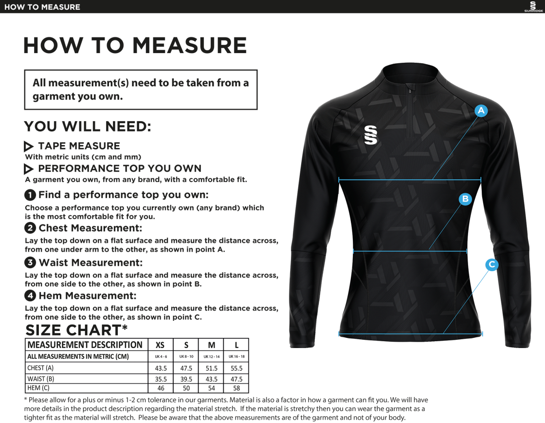 Cardiff Met Sport - Impact 1/4 Zip Performance Top - Women's Fit - Size Guide