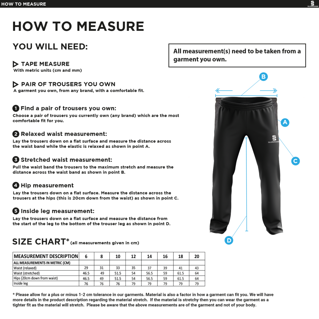 Cardiff Met Sport - Dual Poplin Track Pant With Lycra - Women's Fit - Size Guide