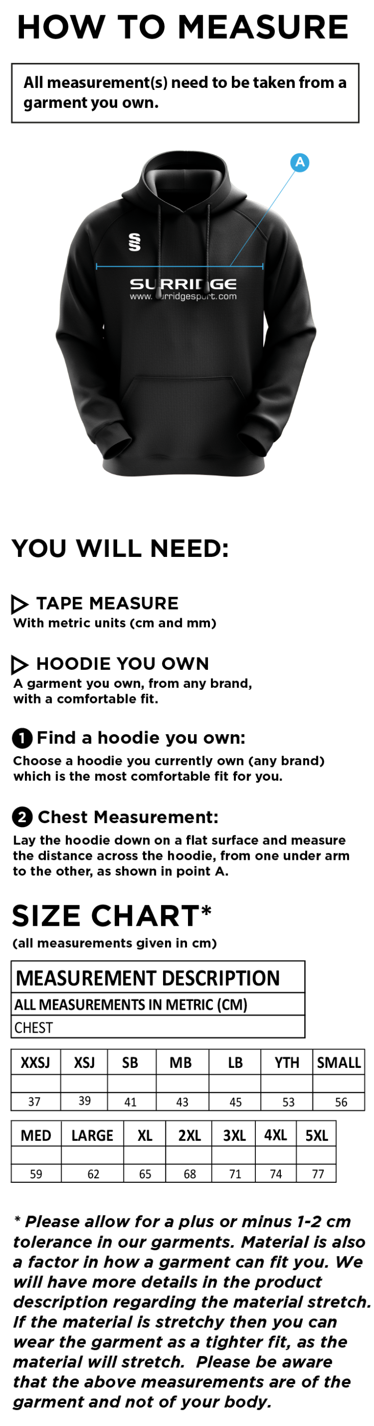 Cardiff Met Sport - Fuse Hoody - Unisex Fit - Size Guide