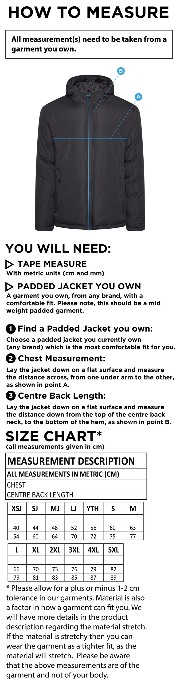 Cardiff Met Sport - Active Padded Jacket - Unisex Fit - Size Guide