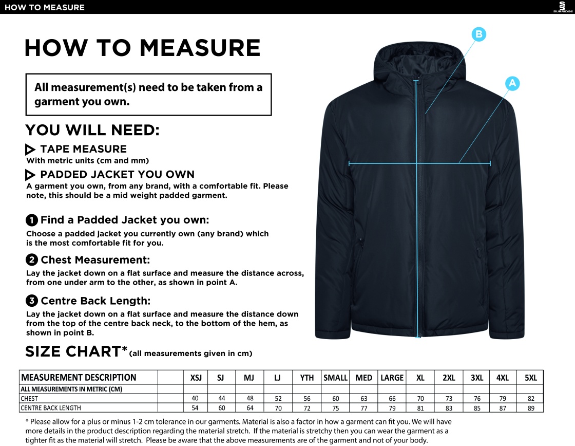 Cardiff Met Sport - Active Padded Jacket - Unisex Fit - Size Guide