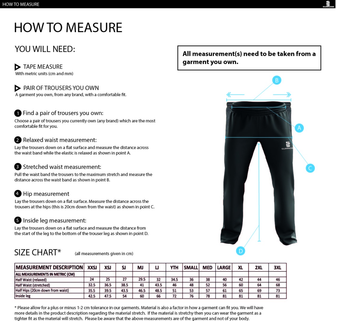 Cardiff Met Sport - Dual Poplin Track Pant With Lycra - Men's/Unisex Fit - Size Guide