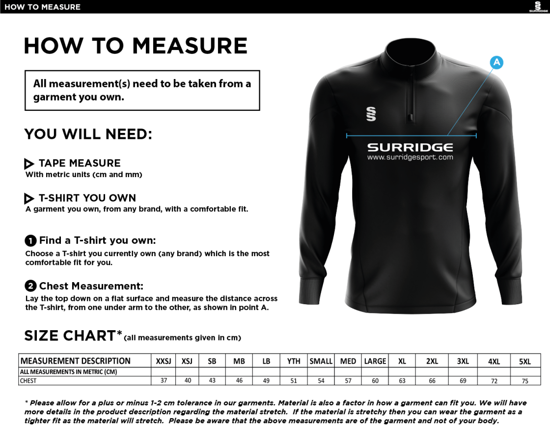 Cardiff Met Sport - 1/4 Zip Dual Performance Top - Unisex Fit - Size Guide