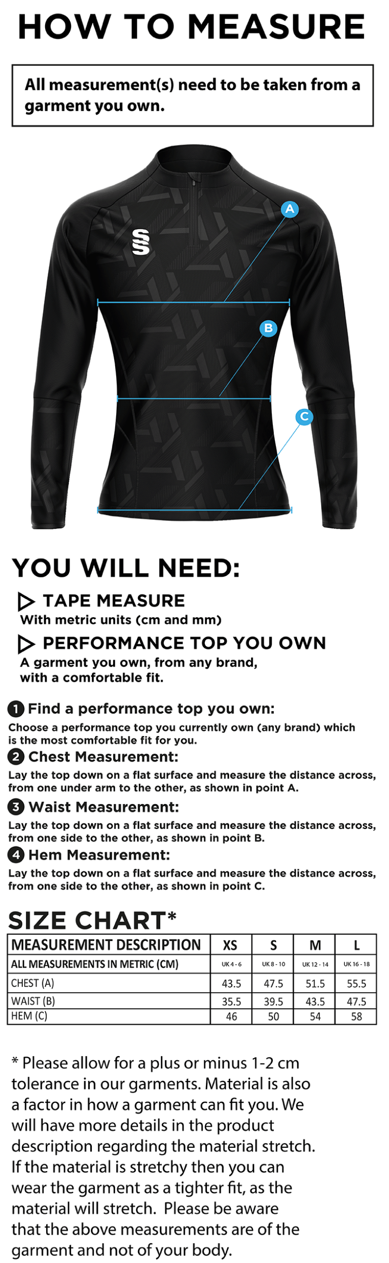 Cardiff Met Sport - Impact 1/4 Zip Performance Top - Women's Fit - Size Guide