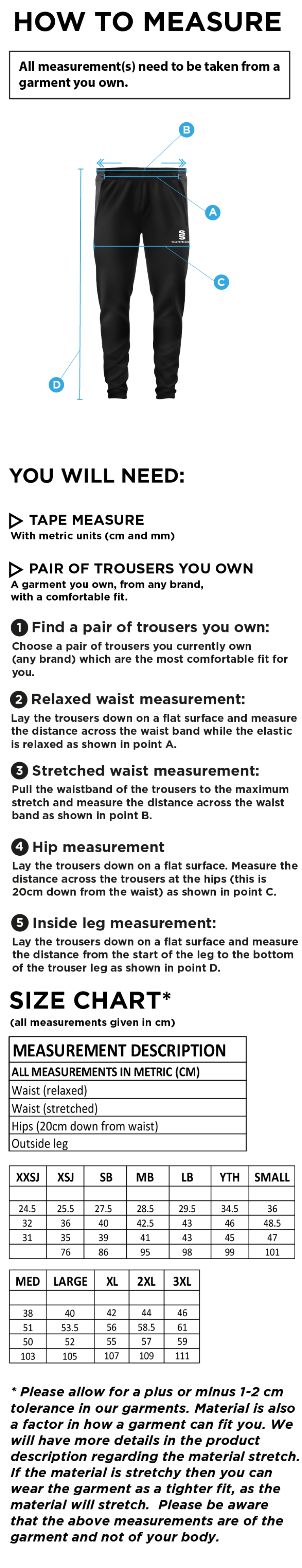 Cardiff Met Sport - Tek Slim Training Pants - Unisex Fit - Size Guide