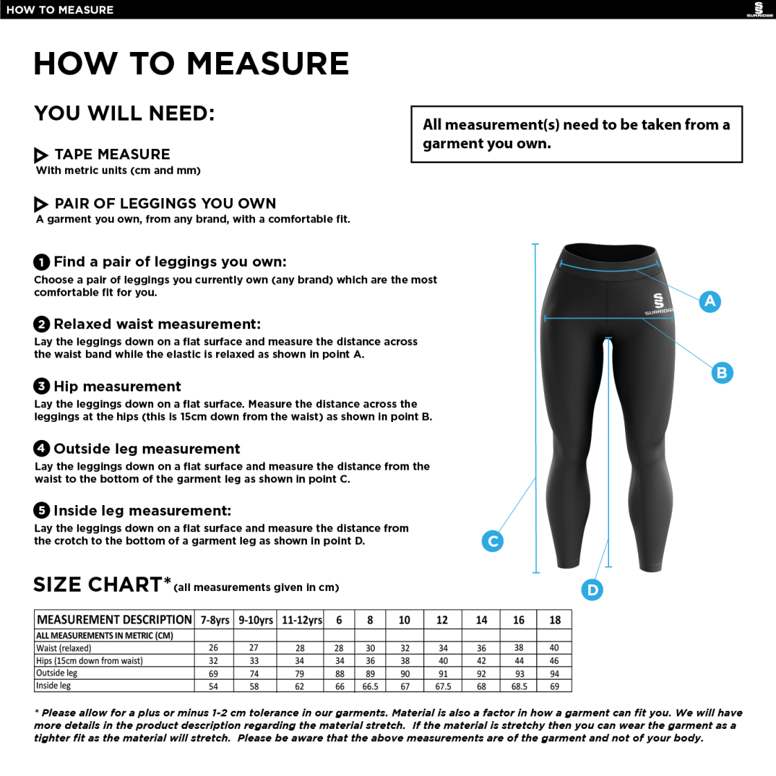 Cardiff Met Sport - Performance Full Length Leggings - Women's Fit - Size Guide