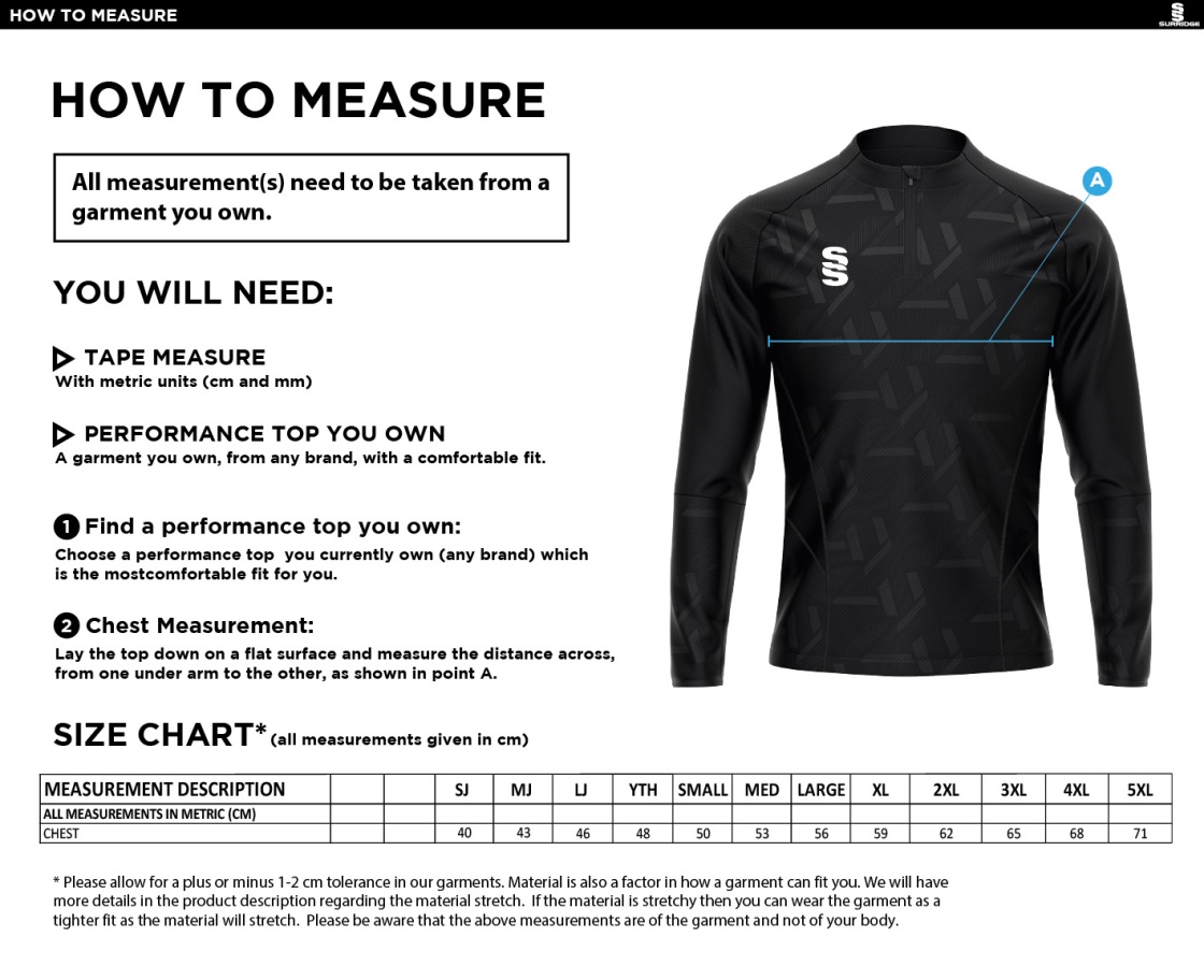 Cardiff Met Sport - Impact 1/4 Zip Performance Top - Men's/Unisex Fit - Size Guide