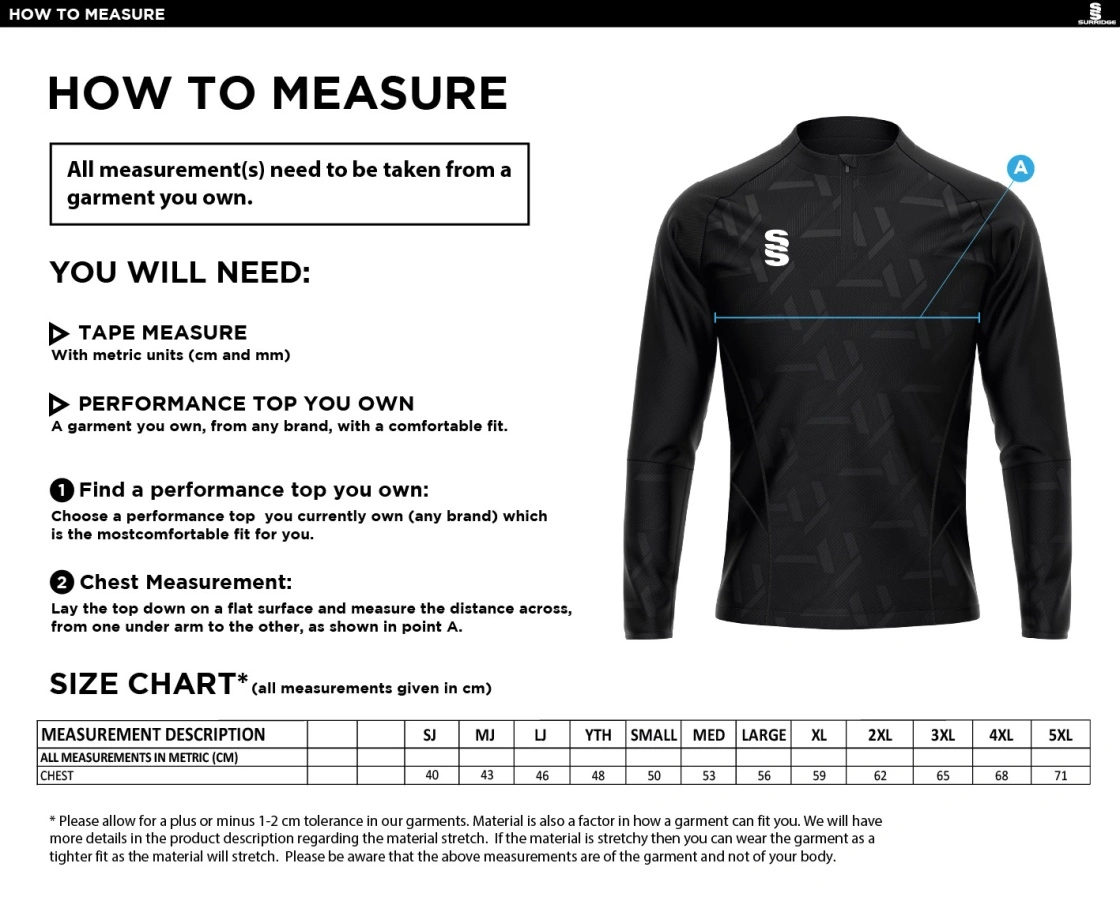 Cardiff Met Sport - Impact 1/4 Zip Performance Top - Men's/Unisex Fit - Size Guide
