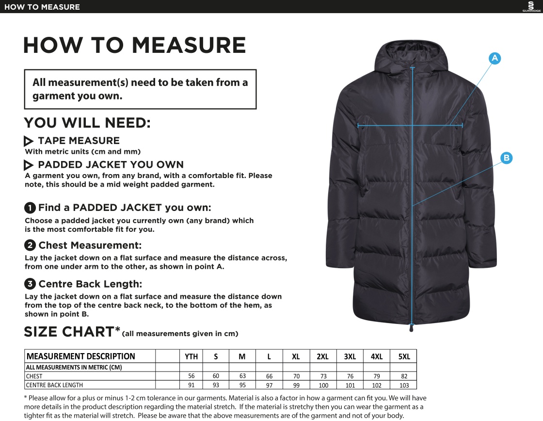 Cardiff Met Sport - Active Long Padded Jacket - Unisex Fit - Size Guide