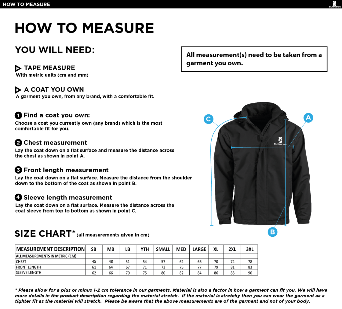 Cardiff Met Sport - Dual Fleece Lined Jacket - Unisex Fit - Size Guide