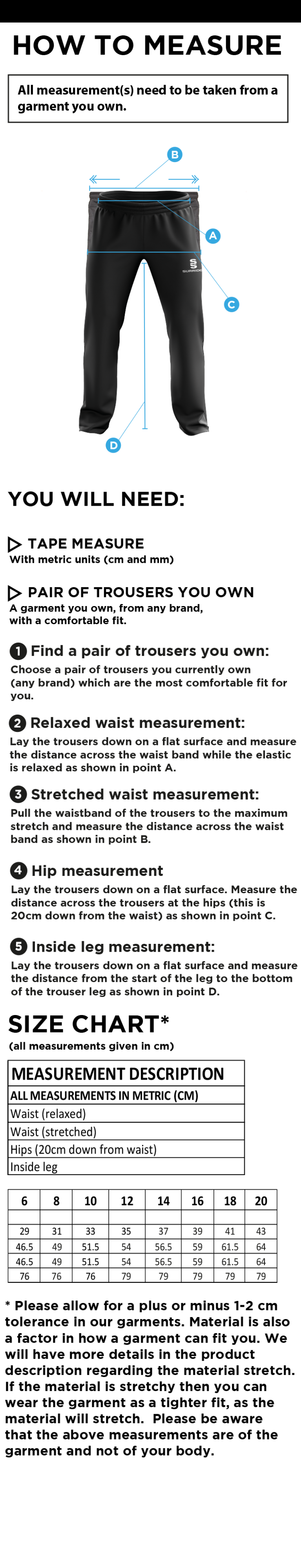 Cardiff Met Sport - Dual Poplin Track Pant With Lycra - Women's Fit - Size Guide