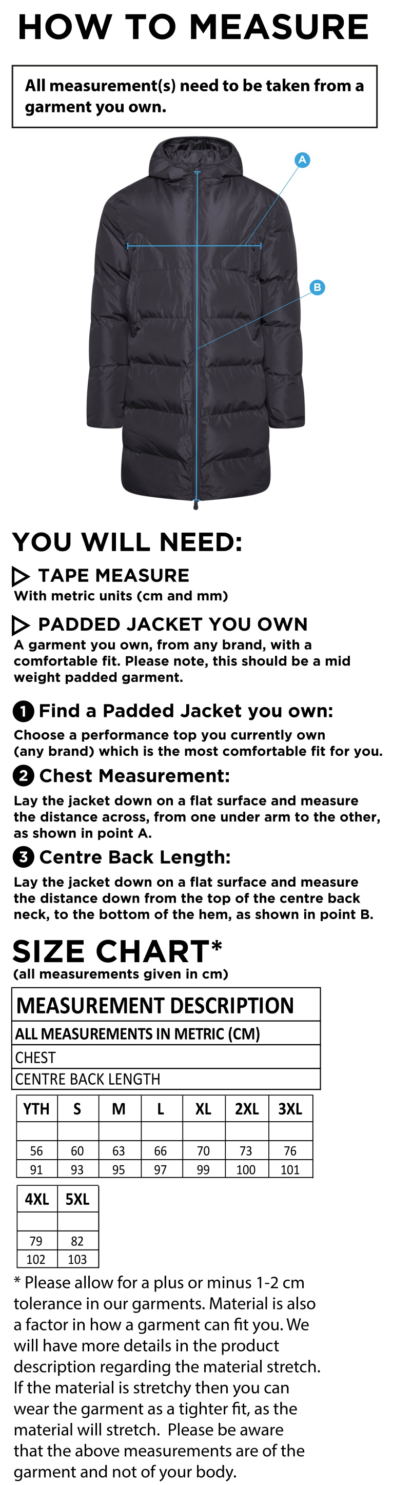 Cardiff Met Sport - Active Long Padded Jacket - Unisex Fit - Size Guide