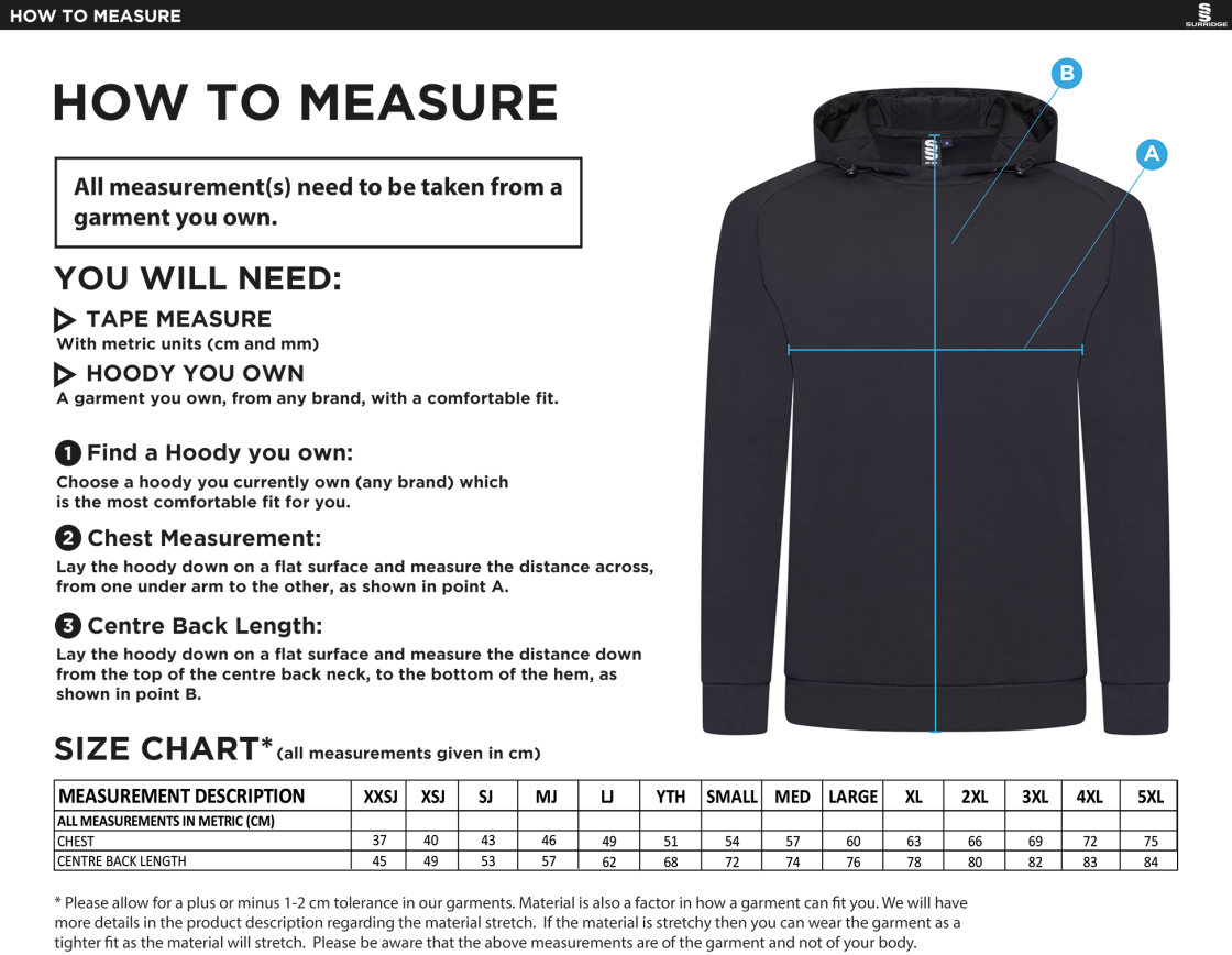 Cardiff Met Sport - Active Hoody - Unisex Fit - Size Guide